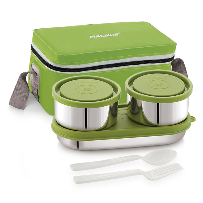 Magnus Fancy 3 Prime Steel Lunch Box Set | Leak-Proof Containers for Office & School | Insulated Bag for Men, Women | Tiffin with 3 Compartments & Washable Cover | Safe & Stylish Design ( Green )
