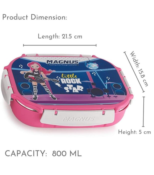 Magnus Spike Kids PP Pink Lunchbox - 800ml Stainless Steel Tiffin & 150ml Container | Airtight, Leakproof Lunch Box | Easy Carry for Boys & Girls | Lunch Box for Kids & Office Men