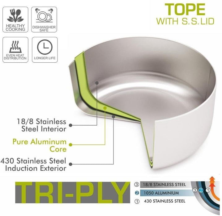 Magnus Triply Stainless Steel Tope with Induction Bottom Tope with Lid 4.15 L capacity 22 cm diameter