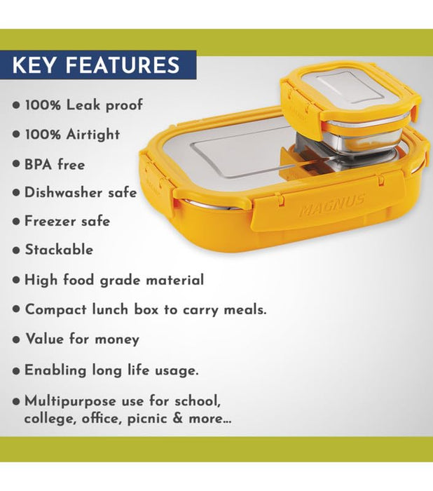 Magnus Spike Lunch Box SP (Yellow) - Stainless Steel Office Lunchbox Set with 800ml & 150ml Leakproof Containers for Men, Women, Kids - Ideal Tiffin for School, Picnic, Airtight & Insulated Design