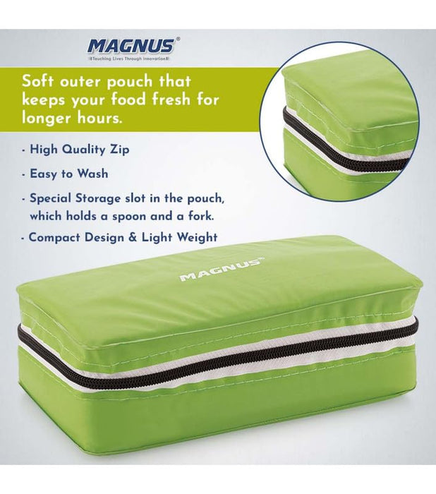 Magnus Fancy 2 Prime Steel Lunch Box Set Leak-Proof Containers for Office & School | 1050ml | Insulated Bag for Men, Women | Tiffin with 2 Compartments & Washable Cover | Safe & Stylish Design (Green)