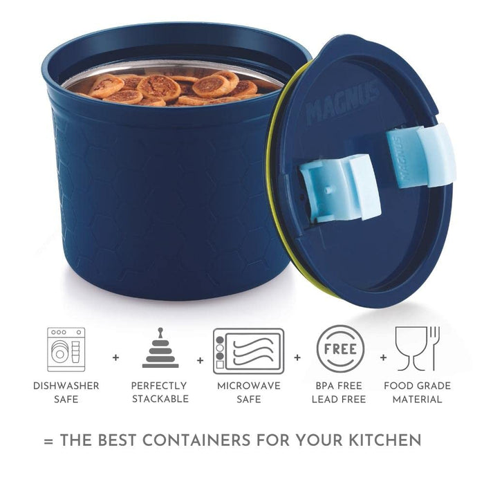 Magnus Microwave Safe Stainless-Steel Steam Lock Kitchen Food Storage Containers with Lid (Set of ) | 150 ml + 300 ml + 450 ml | Blue