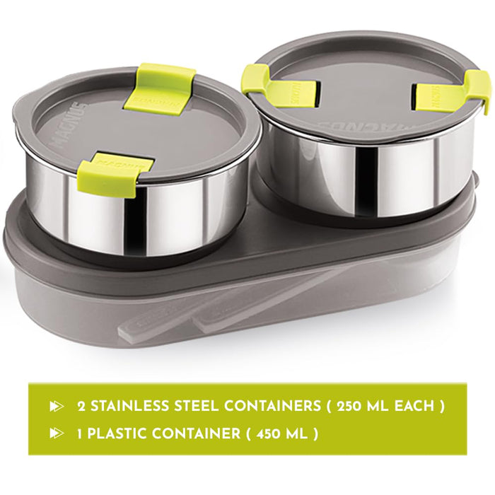 Magnus Olive 3 Lunch Box Set: Leak-Proof Stainless Steel Containers with Thermal Bag - Lunch Box for Kids and Lunch Boxes for Office Men - Airtight & Insulated Food Tiffin (950 ml)