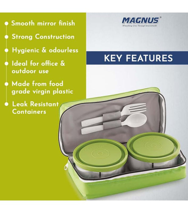Magnus Fancy 2 Prime Steel Lunch Box Set Leak-Proof Containers for Office & School | 1050ml | Insulated Bag for Men, Women | Tiffin with 2 Compartments & Washable Cover | Safe & Stylish Design (Green)