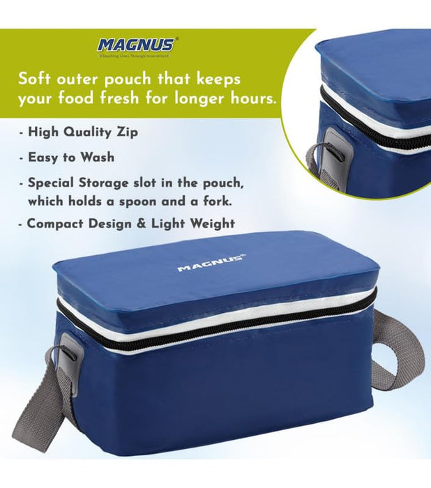 Magnus Fancy 3 Prime Steel Lunch Box Set | Leak-Proof Containers for Office & School | Insulated Bag for Men, Women | Tiffin with 3 Compartments & Washable Cover | Safe & Stylish Design ( Blue )