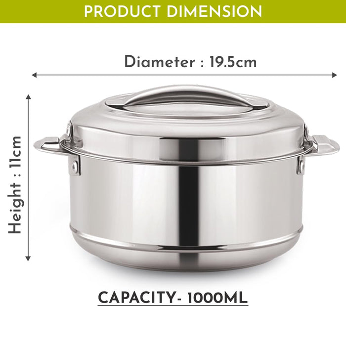 Magnus Rio Hot & Cold Double Walled Stainless Steel Casserole with Lid for 1000 ML, Silver | PU Insulated | Hygiene | Odourless | Stylish Design | Versatile Use for Storing Rice-Gravy-Roti