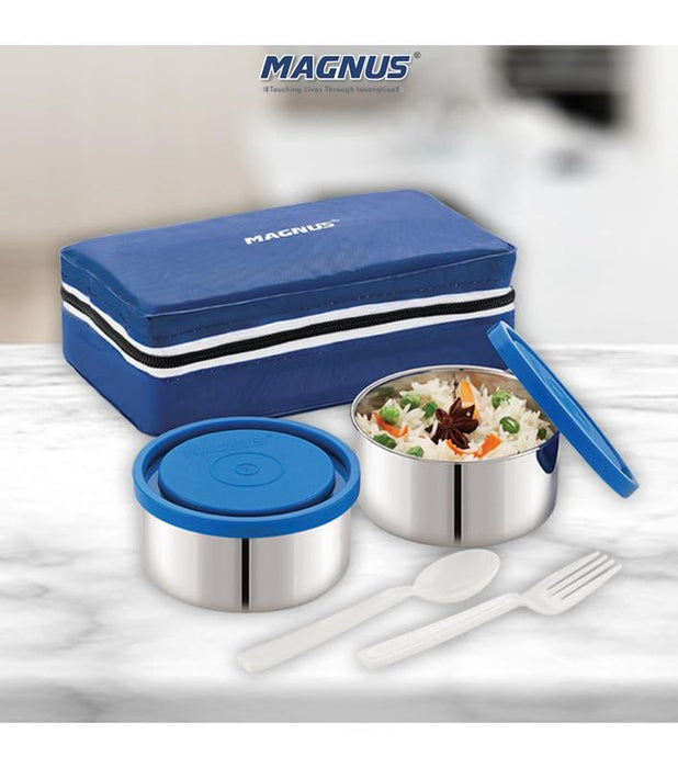 Magnus Fancy 2 Steel Lunch Box Set - Leak-Proof Containers for Office & School | 1050ml | Carry Bag for Men, Women | Stylish Lunch Box for Kids & Lunch Boxes for Office Men, Blue