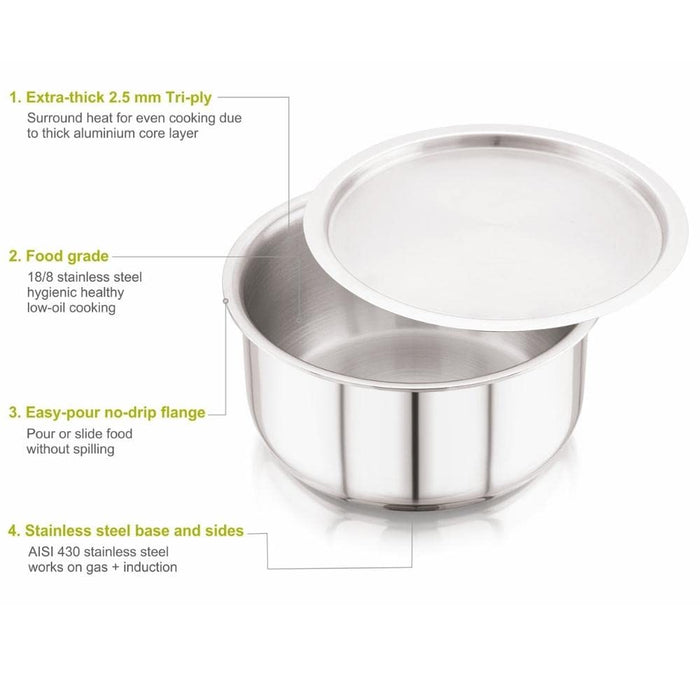 Magnus Triply Stainless Steel Tope with Stainless Steel Lid and Induction Bottom, 18 cm|2.3 L, Silver|Use for Home, Kitchen and Restaurant - Easy to Clean and Dishwasher Oven Safe