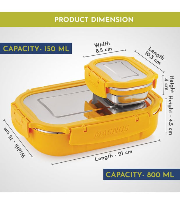 Magnus Spike Lunch Box SP (Yellow) - Stainless Steel Office Lunchbox Set with 800ml & 150ml Leakproof Containers for Men, Women, Kids - Ideal Tiffin for School, Picnic, Airtight & Insulated Design