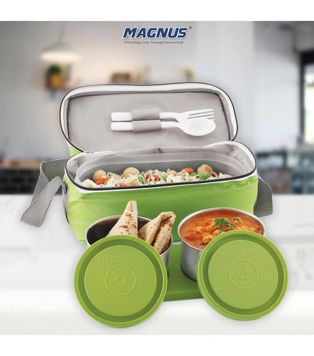 Magnus Fancy 3 Steel Lunch Box Set with Leak Proof Containers 3 Compartments Washable Cover Stylish Carry Bag Lunch Box for Kids Lunch Boxes for