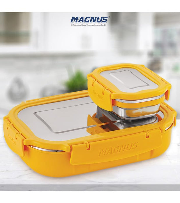 Magnus Spike Lunch Box SP (Yellow) - Stainless Steel Office Lunchbox Set with 800ml & 150ml Leakproof Containers for Men, Women, Kids - Ideal Tiffin for School, Picnic, Airtight & Insulated Design