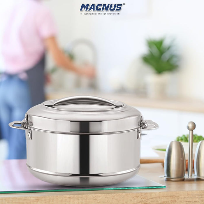 Magnus Rio Hot & Cold Double Walled Stainless Steel Casserole with Lid for 1000 ML, Silver | PU Insulated | Hygiene | Odourless | Stylish Design | Versatile Use for Storing Rice-Gravy-Roti