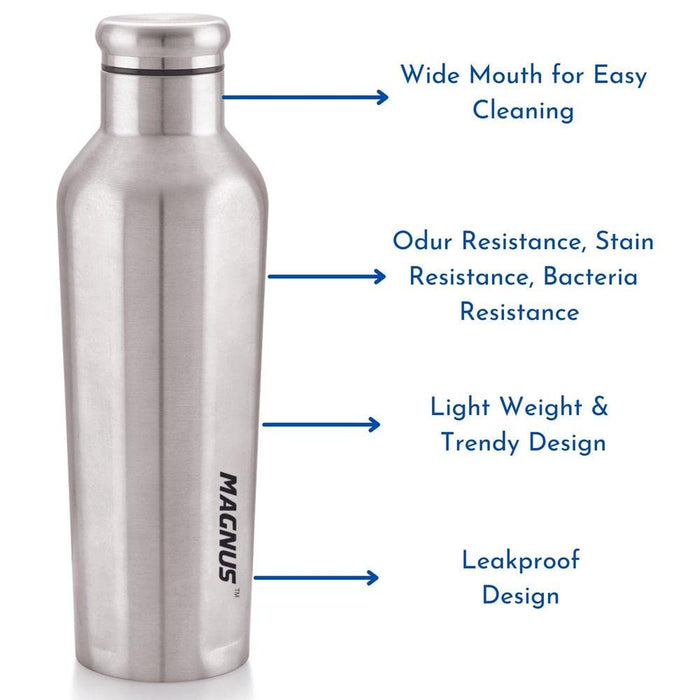 Magnus Sporty Single Walled Stainless Steel Water Bottle for School/Office/Picnic, Silver, 900 ml (Set of 2)