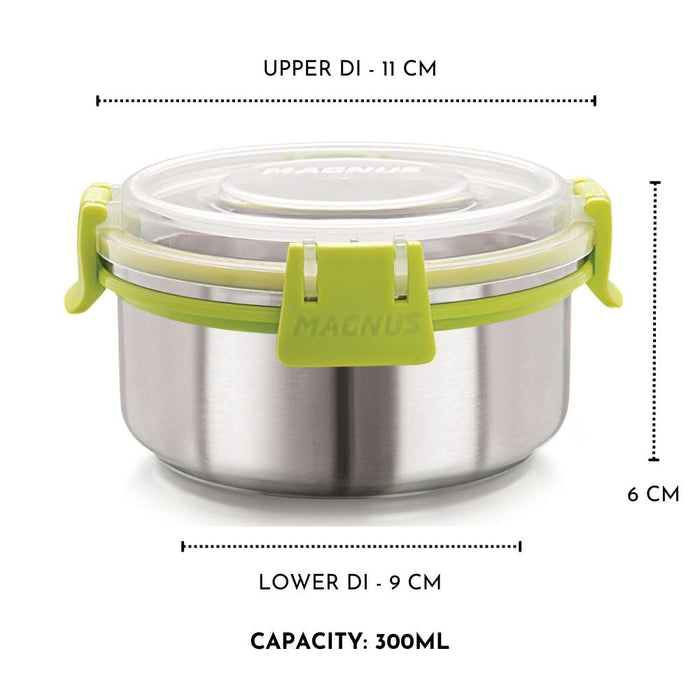 Magnus Klip Lock Stainless Steel Airtight Leakproof Storage Container Set of 2, 300 ML Each | Kitchen Accessories Items, Lunch Box, Lunch Boxes for Office Men