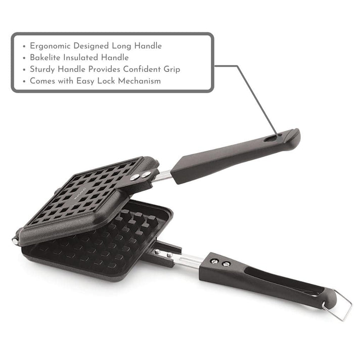 Magnus Optima Aluminium Waffle Maker with Non-Stick Coating, Quick Uniform Heating, Easy Waffle Release, Comfortable Cool-Touch Bakelite Handle, For Gas Stoves - Black