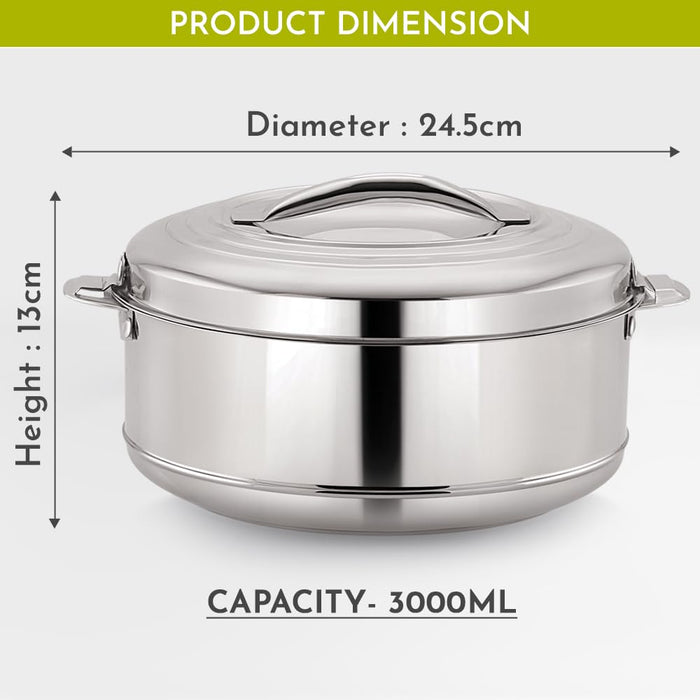 Magnus Rio Hot & Cold Double Walled Stainless Steel Casserole with Lid 3000 ML,Silver | PU Insulated | Hot & Cold | Hygiene | Odourless | Stylish Design | Versatile Use for storing Rice-Gravy-Roti