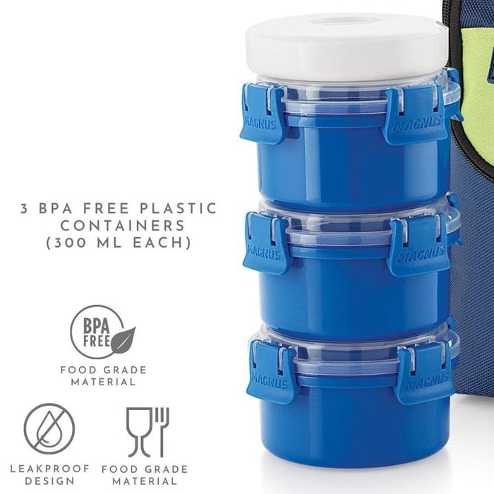 Magnus Vega 3 Blue Lunch Box Set | Leak-Proof 900ml Containers with Insulated Bag | Lunch Box for Kids & Adults | Lunch Boxes for Office Men & Women | Stylish Tiffin with Washable Cover