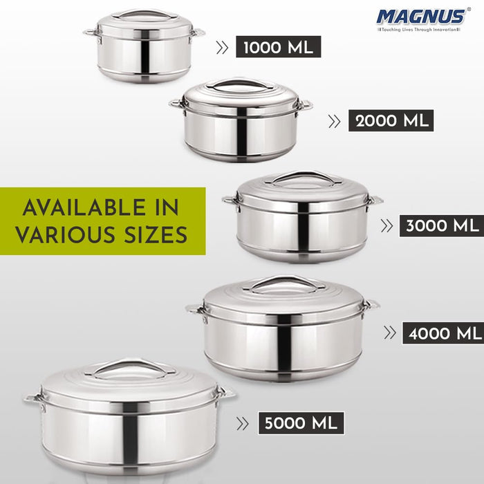 Magnus Rio Hot & Cold Double Walled Stainless Steel Casserole with Lid 3000 ML,Silver | PU Insulated | Hot & Cold | Hygiene | Odourless | Stylish Design | Versatile Use for storing Rice-Gravy-Roti