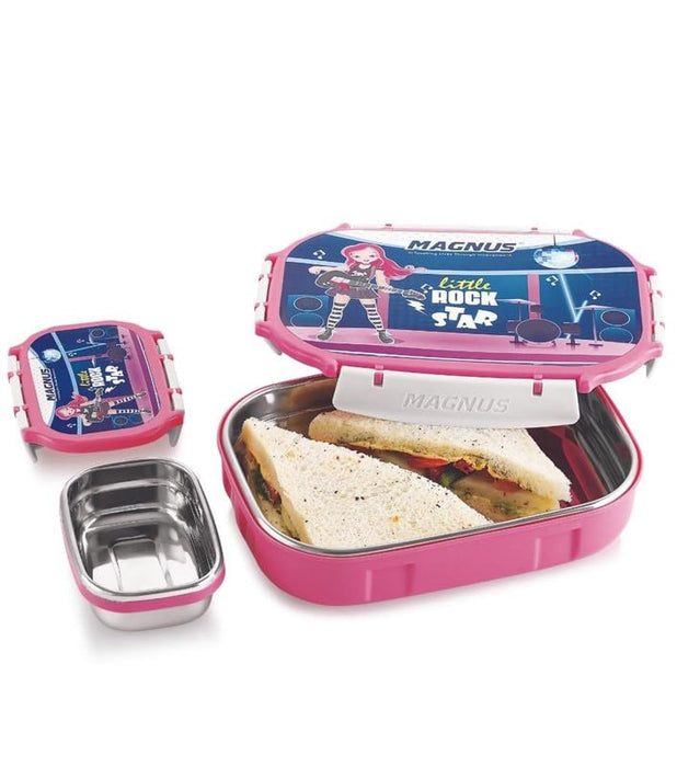 Magnus Spike Kids PP Pink Lunchbox - 800ml Stainless Steel Tiffin & 150ml Container | Airtight, Leakproof Lunch Box | Easy Carry for Boys & Girls | Lunch Box for Kids & Office Men