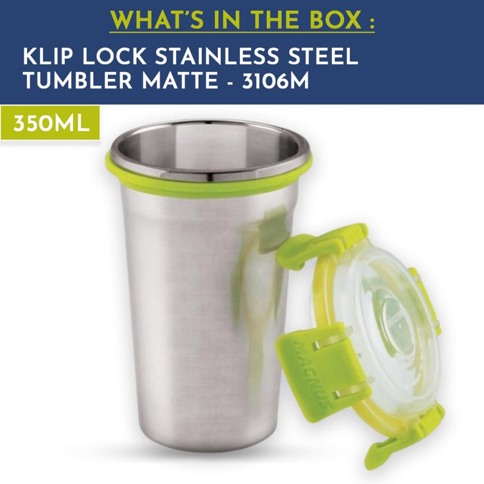 Magnus Stainless Steel Matte Klip Lock Tumbler with Lid and Straw - 350ml | Leak-Proof & Airtight Tumbler - Ideal for Travel, Office, Kids | Perfect for Juice, Buttermilk