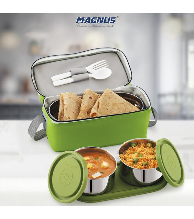 Magnus Fancy 3 Prime Steel Lunch Box Set | Leak-Proof Lunch Box for Kids & Lunch Boxes for Office Men | 3-Compartment Tiffin with Washable Cover | Safe & Stylish Design | Green