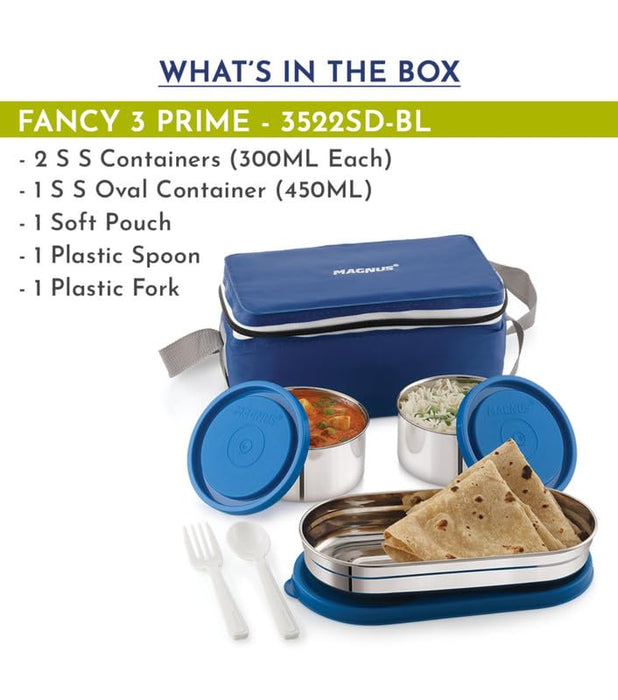Magnus Fancy 3 Prime Steel Lunch Box Set | Leak-Proof Containers for Office & School | Insulated Bag for Men, Women | Tiffin with 3 Compartments & Washable Cover | Safe & Stylish Design ( Blue )