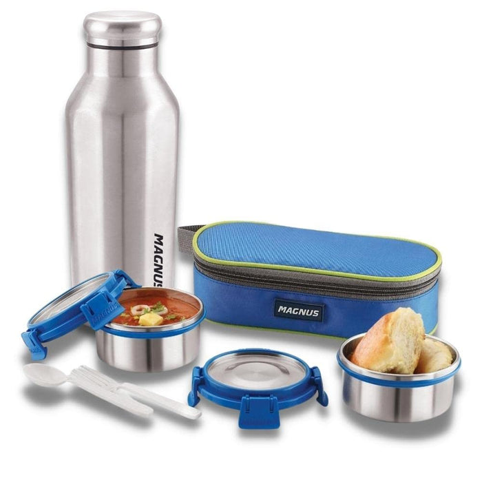 Magnus Avanza 2 Deluxe Airtight & Leakproof Stainless Steel School & Office Lunch Box with Bag (600 ml) + Sporty Single Walled SS Bottle (550 ml)
