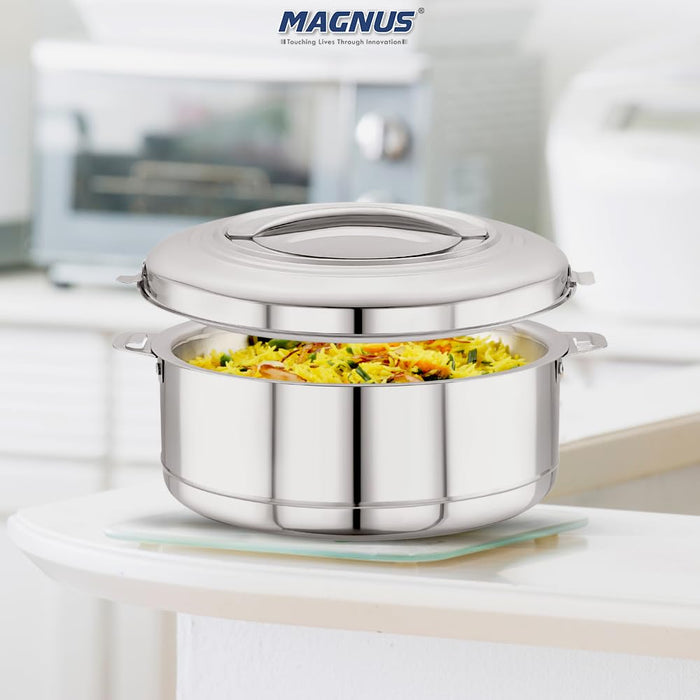 Magnus Rio Hot & Cold Double Walled Stainless Steel Casserole with Lid for 5000 ML, Silver | PU Insulated | Hot & Cold | Hygiene | Odourless | Stylish Design | Versatile Use for storing Rice-Gravy-Roti