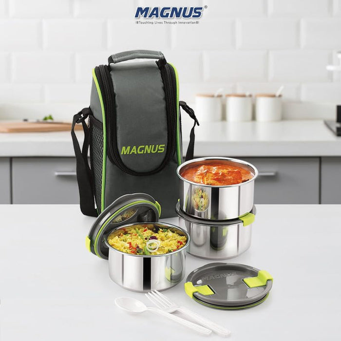 Magnus Opal 3 Stainless Steel Lunchbox Set - Leak-Proof Lunch Box for Kids, Insulated Bag with 3 Containers (350ml each), Smart Steam Lock, Ideal Lunch Boxes for Office Men, Women, School