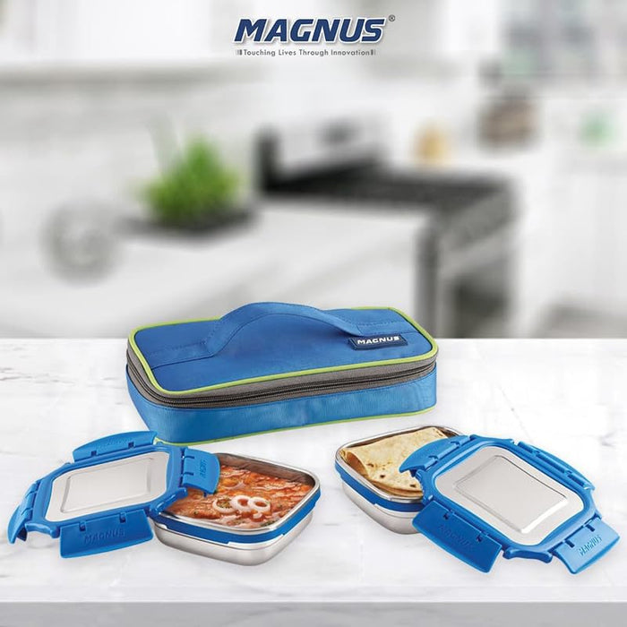 Magnus Milo 2 Airtight Stainless Steel Lunch Box with Carrying Bag, Blue | Leakproof Lunch Box for Kids and Adults | Ideal Lunch Boxes for Office Men | Insulated Cover - 2 Containers