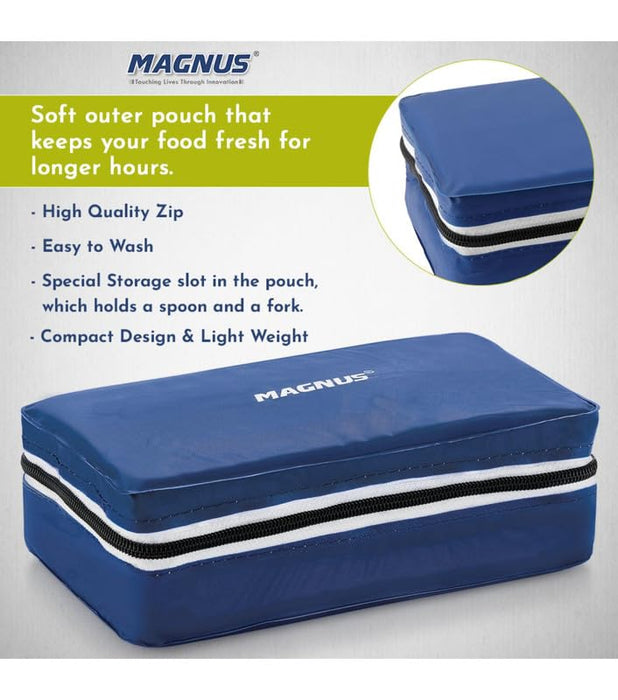 Magnus Fancy 2 Steel Lunch Box Set - Leak-Proof Containers for Office & School | 1050ml | Carry Bag for Men, Women | Stylish Lunch Box for Kids & Lunch Boxes for Office Men, Blue