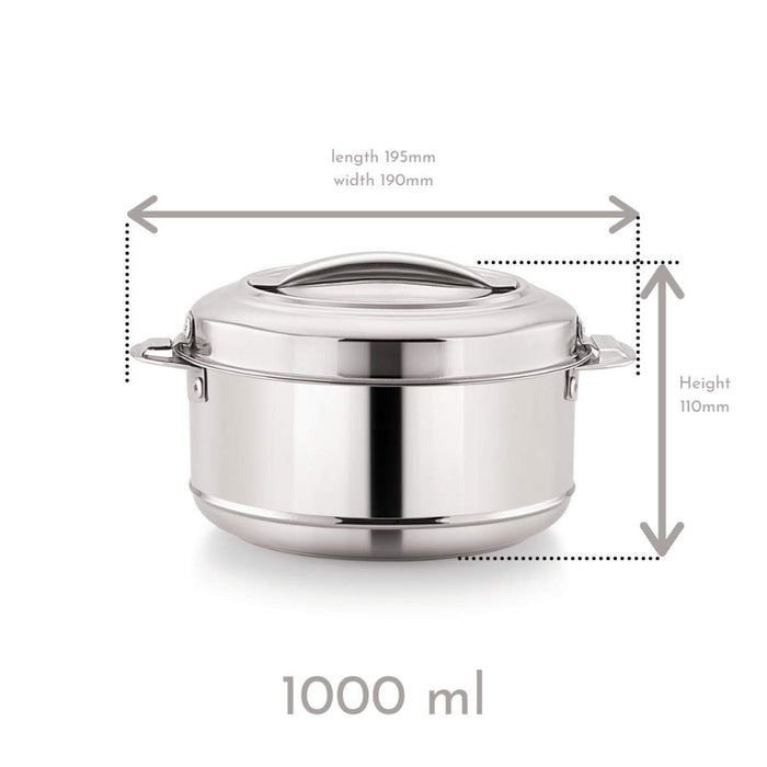 Magnus Rio Hot & Cold Double Walled Stainless Steel Casserole with Lid |Silver |PU Insulated | Hygiene | Odourless | Stylish Design | Versatile Use for storing Rice-Gravy-Roti Set of 4 (1000 ml Each)