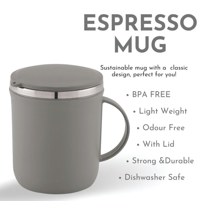 Magnus Espresso Mug | Grey Stainless Steel Coffee Mug 300ML With Lid and Handle | Wide Mouth Mug Keeps Beverages Hot & Cold 300ML (Set of 2 Pcs)