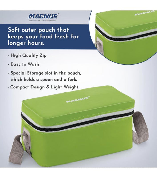 Magnus Fancy 3 Prime Steel Lunch Box Set | Leak-Proof Containers for Office & School | Insulated Bag for Men, Women | Tiffin with 3 Compartments & Washable Cover | Safe & Stylish Design ( Green )