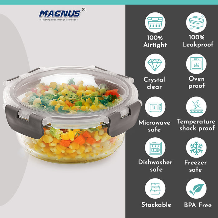 Magnus Glock Glass Food Round Container with Break-Free Detachable Lock – 620ML Borosilicate Glass, Oven & Microwave Safe Lunch Box – Kitchen Essentials for Office Men