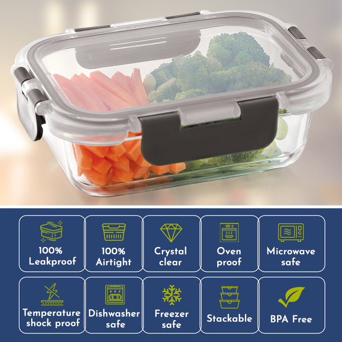 Magnus G-Lock Glass Food Rectangle Container with Break-Free Detachable Lock – Borosilicate Glass Lunch Box, Oven & Microwave Safe, 370ML - Kitchen Essentials, Lunch Boxes for Office Men