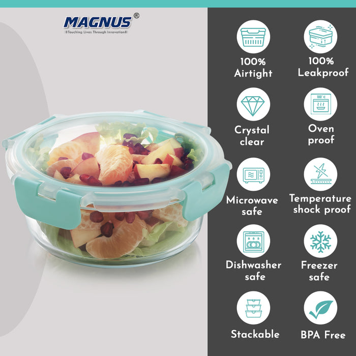 Magnus Glock Glass Food Round Container with Break-Free Detachable Lock, 620ML Borosilicate Glass, Oven & Microwave Safe Lunch Box, Kitchen Essentials for Office Men | Green