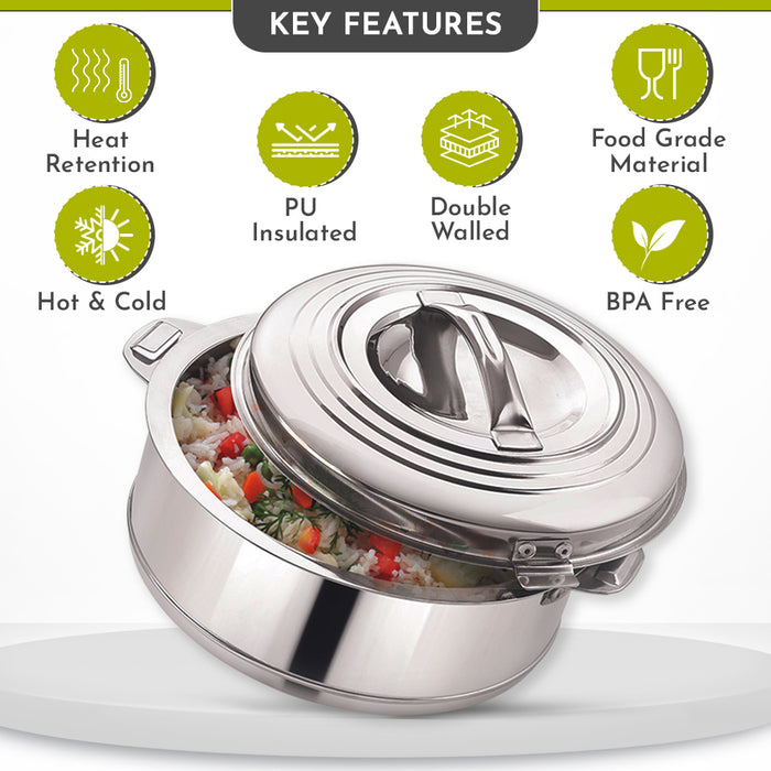 Magnus Rio Hot & Cold Double Walled Stainless Steel Casserole with Lid for 5000 ML, Silver | PU Insulated | Hot & Cold | Hygiene | Odourless | Stylish Design | Versatile Use for storing Rice-Gravy-Roti | Set of 3