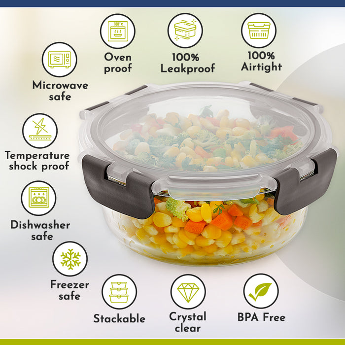 Magnus G-Lock Glass Food Round Container with Break-Free Detachable Lock – 620ML Borosilicate Glass, Oven & Microwave Safe Lunch Box – Kitchen Essentials for Office Men