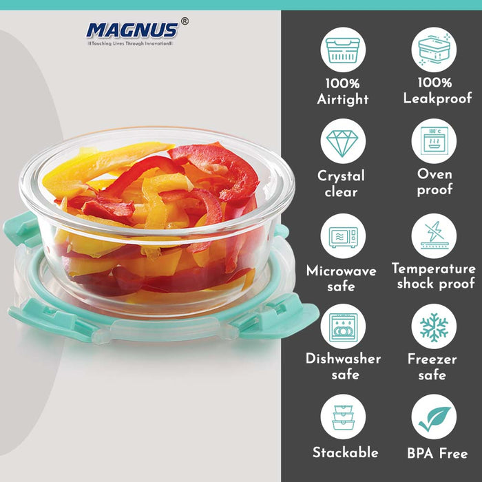 Magnus Glock Glass Food Round Container with Break-Free Detachable Lock, 400ML Borosilicate Glass, Oven & Microwave Safe Lunch Box, Kitchen Essentials, Lunch Boxes for Office Men | Green