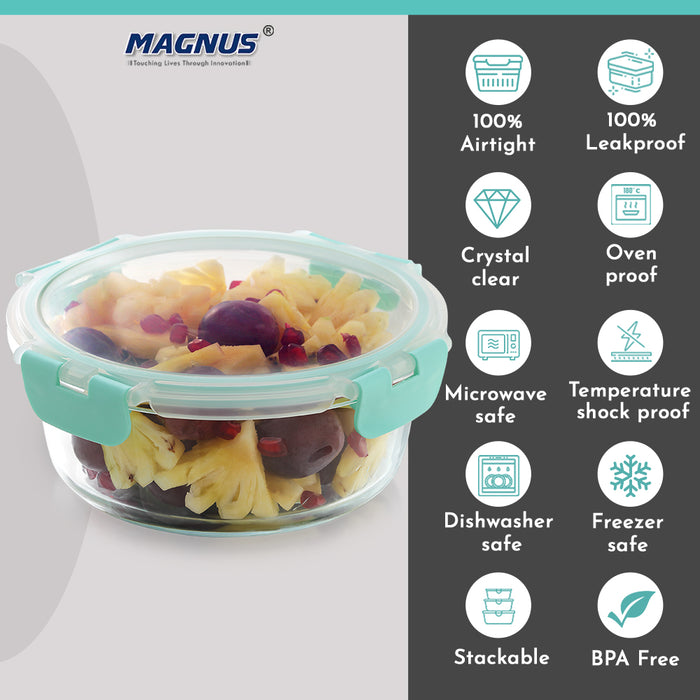 Magnus Glock Glass Food Container with Break-Free Lock, 950ML Borosilicate Glass, Oven & Microwave Safe Lunch Box, Kitchen Essentials, Lunch Boxes for Office Men | Green