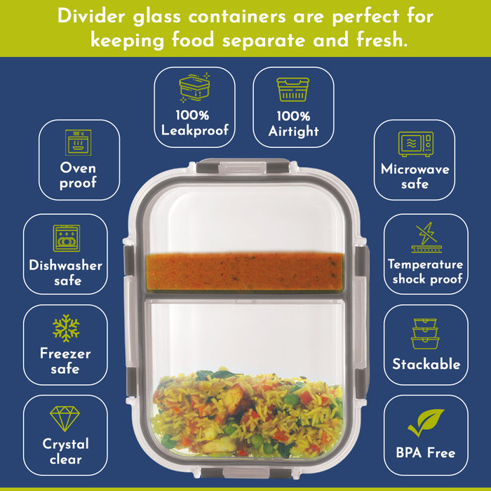 Glock Glass Food Divider Rectangle Container with Break-Free Detachable Lock, Oven & Microwave Safe Borosilicate Glass - 970ML