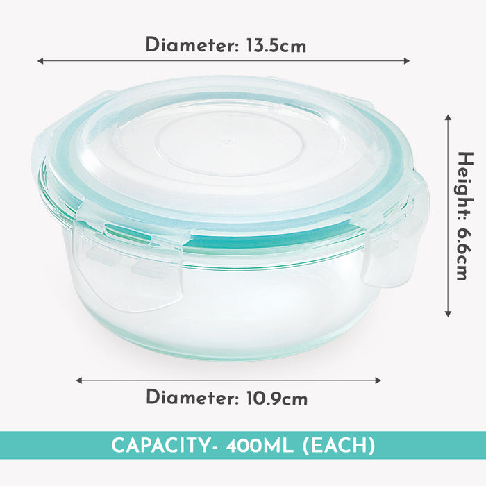 Magnus Vivid Glass Lunch Box with Linen Vertical Pouch and Fixed Clip, Includes 3 Round Airtight, Leakproof, Microwave Safe Borosilicate Glass Containers, 400 ML Each - Premium Lunch Boxes