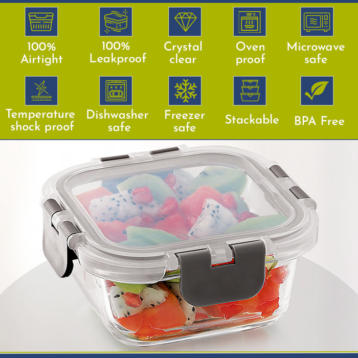 Magnus G-Lock Glass Food Square Container with Break-Free Detachable Lock, 320ML - Oven & Microwave Safe Borosilicate Glass Lunch Box, Kitchen Essentials, Lunch Boxes for Office Men