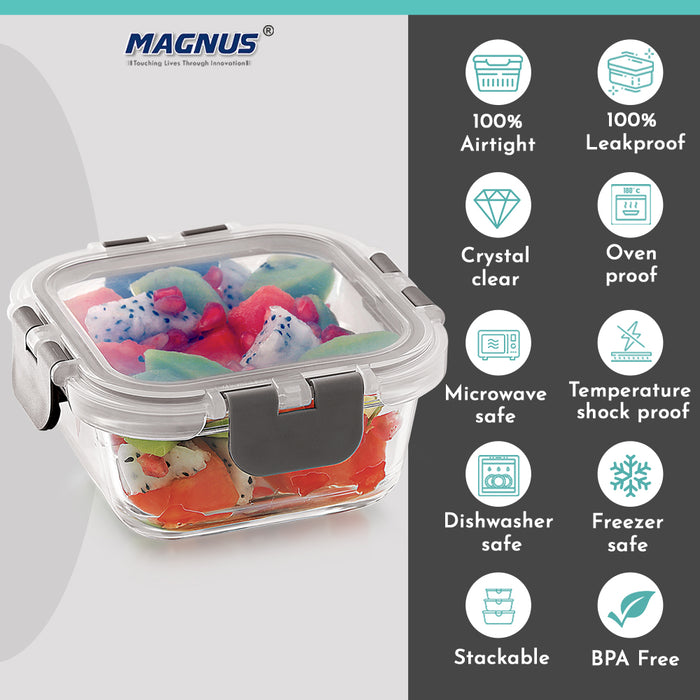 Magnus Glock Glass Food Square Container with Break-Free Detachable Lock, 320ML - Oven & Microwave Safe Borosilicate Glass Lunch Box, Kitchen Essentials, Lunch Boxes for Office Men