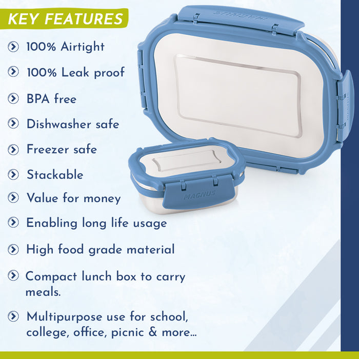 Magnus Bolt Deluxe Stainless Steel Lunch Box - Airtight & Leak Proof Tiffin, 2 Containers (800ml & 150ml), Ideal Lunch Box for Kids, Lunch Boxes for Office Men, Women & Picnic, Cool Blue