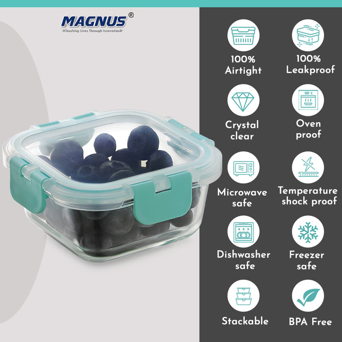 Magnus Glock Glass Food Square Container with Break-Free Detachable Lock, 320ML - Oven & Microwave Safe Borosilicate Glass Lunch Box, Kitchen Essentials, Lunch Boxes for Office Men, Green