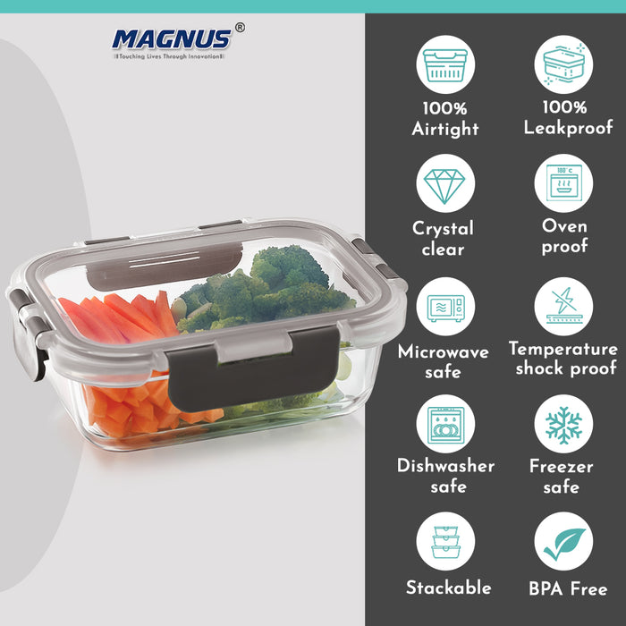 Magnus Glock Glass Food Rectangle Container with Break-Free Detachable Lock – Borosilicate Glass Lunch Box, Oven & Microwave Safe, 370ML - Kitchen Essentials, Lunch Boxes for Office Men