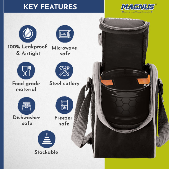 Magnus Opal-2 Microwave Steam Lock Stainless Steel Lunch Box Set - Leak-Proof Lunch Box for Kids, Men, Women | 350ml x 2 Tiffin Containers with Bag | Lunch Boxes for Office Men - Black