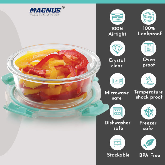 Magnus G-Lock Glass Food Round Container with Break-Free Detachable Lock, 400ML Borosilicate Glass, Oven & Microwave Safe Lunch Box, Kitchen Essentials, Lunch Boxes for Office Men | Green